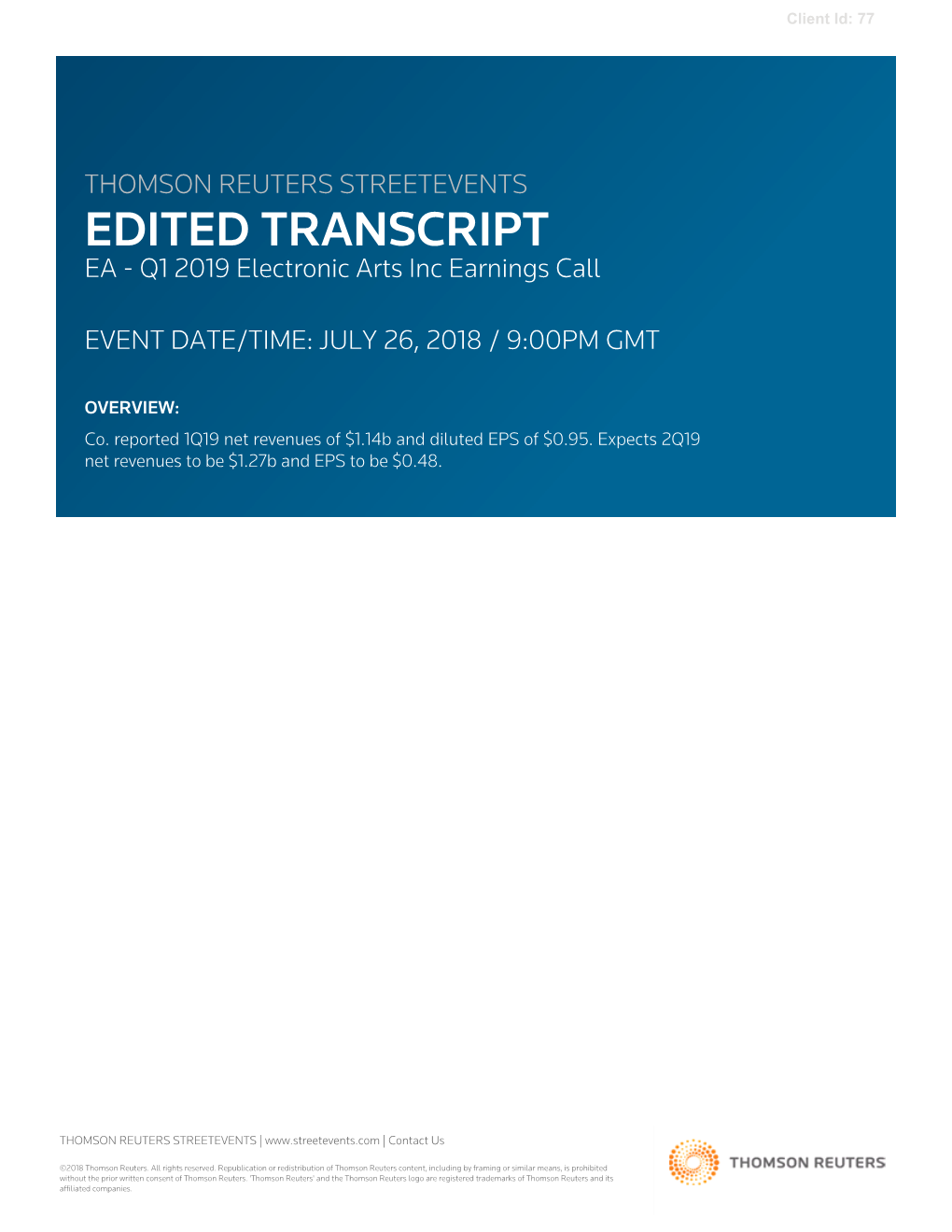 Q1 2019 Electronic Arts Inc Earnings Call on July 26, 2018 / 9:00PM