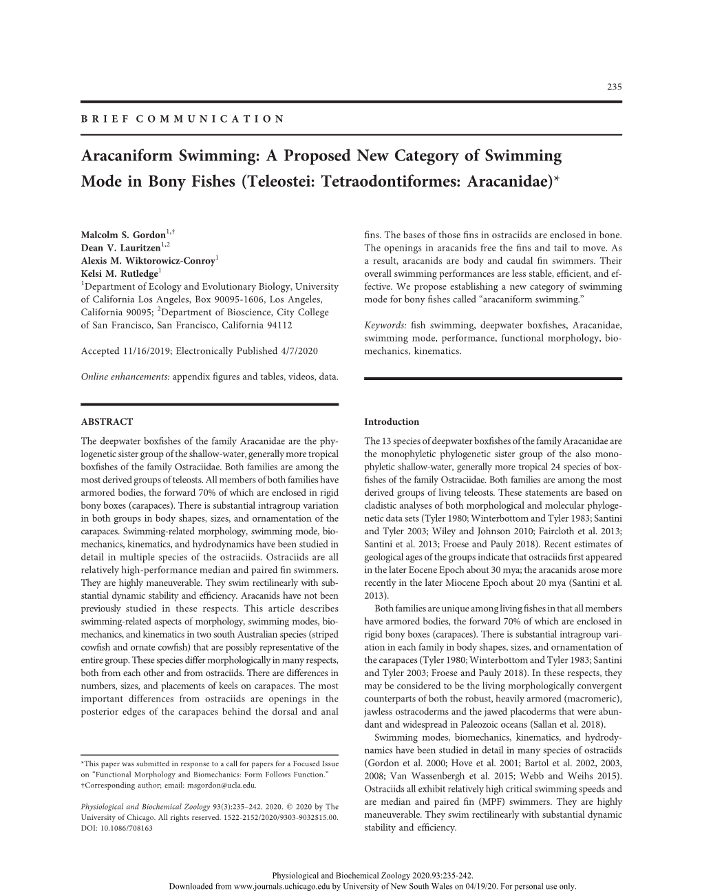 Aracaniform Swimming: a Proposed New Category of Swimming Mode in Bony Fishes (Teleostei: Tetraodontiformes: Aracanidae)*