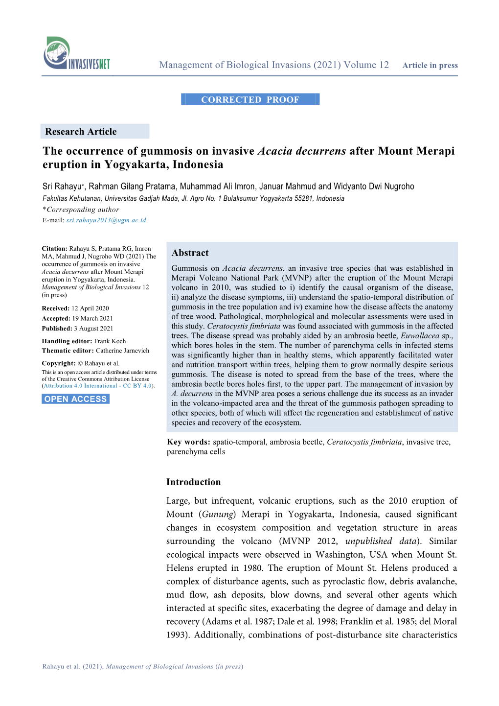 The Occurrence of Gummosis on Invasive Acacia Decurrens After Mount Merapi Eruption in Yogyakarta, Indonesia