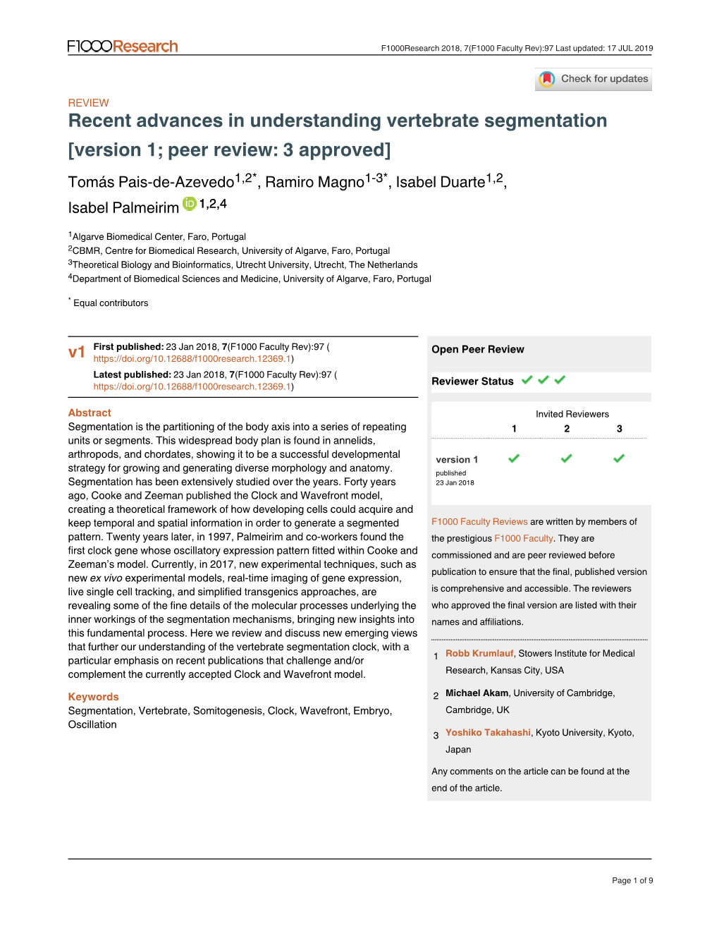 Recent Advances in Understanding Vertebrate Segmentation [Version 1; Peer Review: 3 Approved]