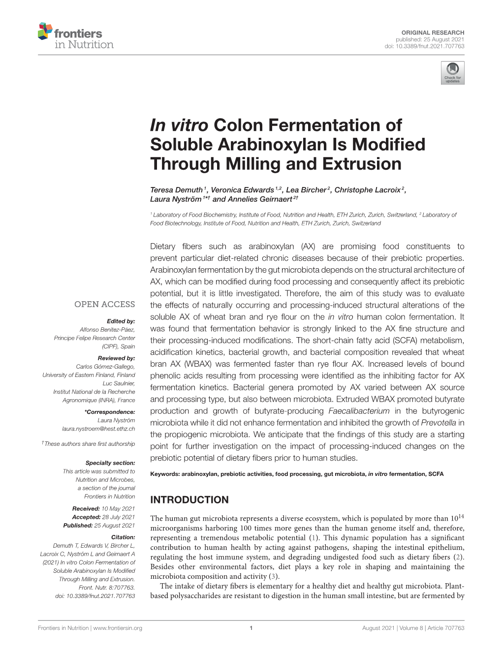 In Vitro Colon Fermentation of Soluble Arabinoxylan Is Modified Through