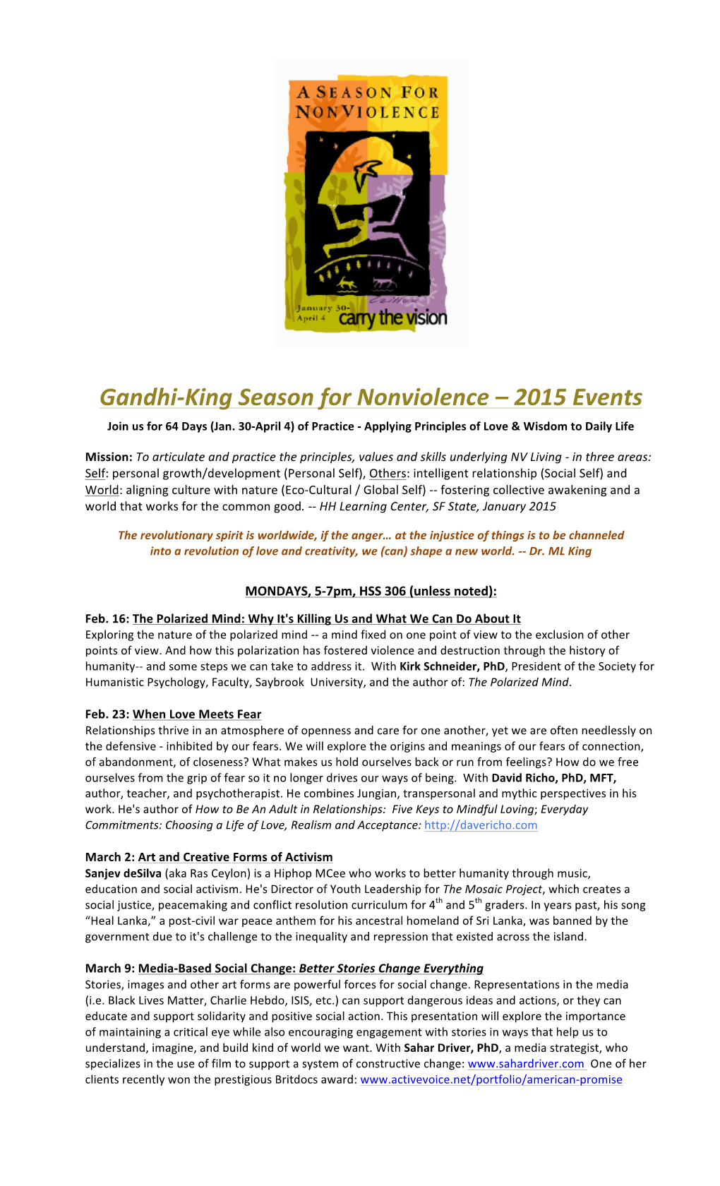 Gandhi-‐King Season for Nonviolence – 2015 Events