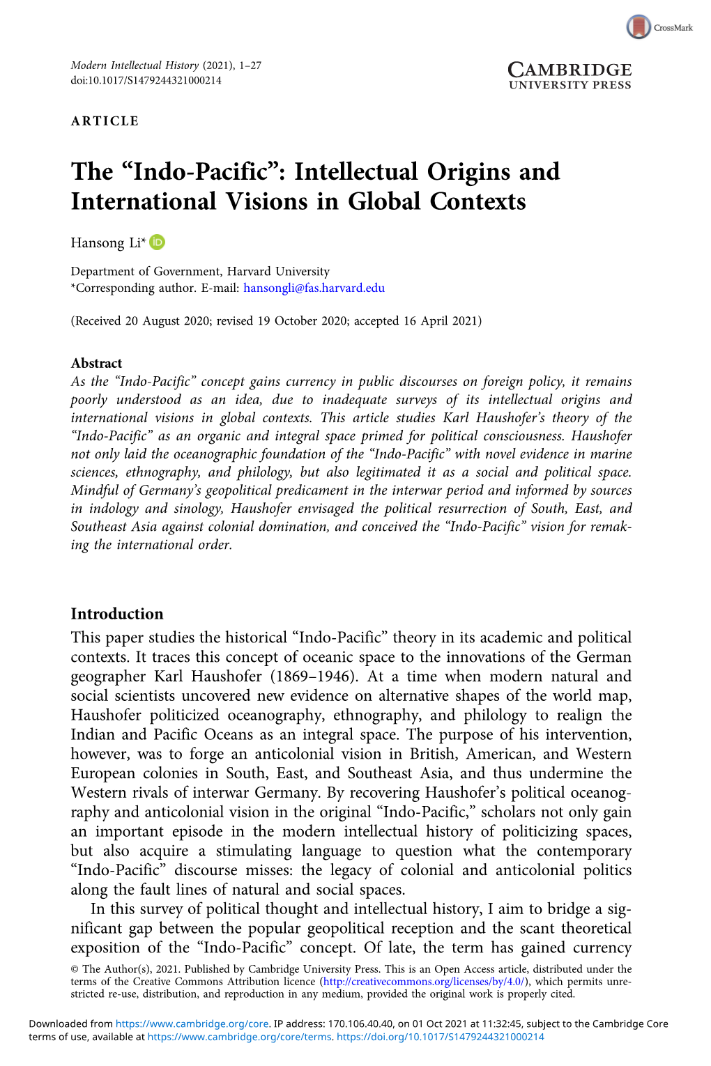 Indo-Pacific”: Intellectual Origins and International Visions in Global Contexts