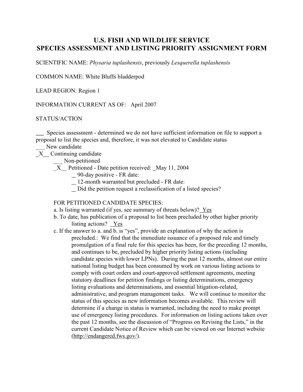 U.S. Fish and Wildlife Service Species Assessment and Listing Priority Assignment Form