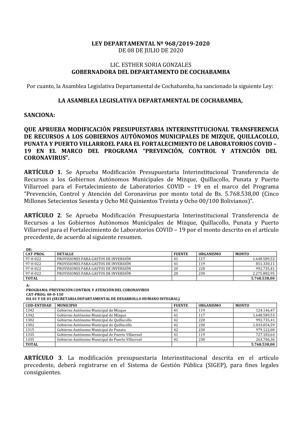 Ley Departamental Nº 968/2019-2020 De 08 De Julio De 2020 Lic. Esther