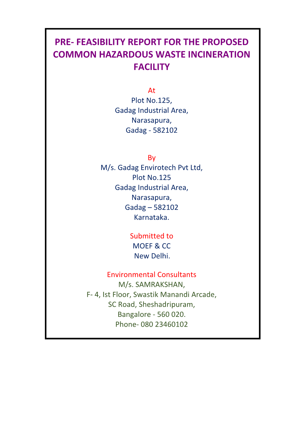 Feasibility Report Gadag Envirotech Pvt Ltd