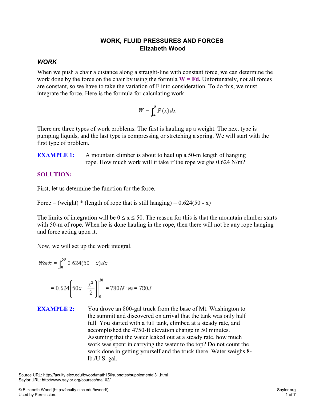 WORK, FLUID PRESSURES and FORCES Elizabeth Wood