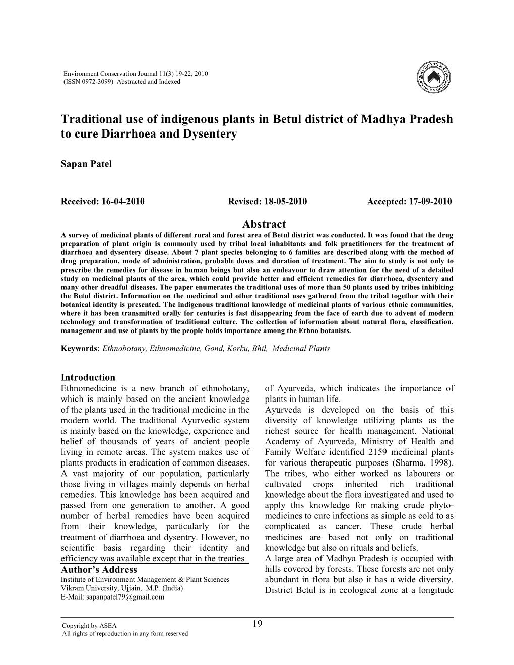 Traditional Use of Indigenous Plants in Betul District of Madhya Pradesh to Cure Diarrhoea and Dysentery