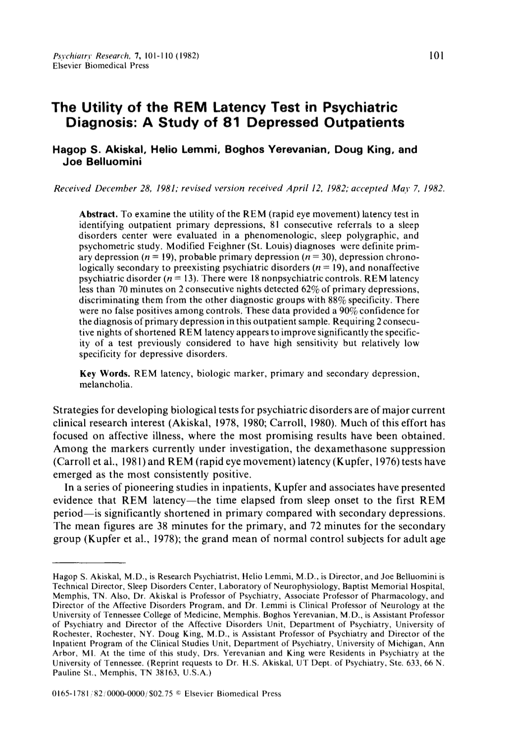 The Utility of the REM Latency Test in Psychiatric Diagnosis: a Study of 81 Depressed Outpatients