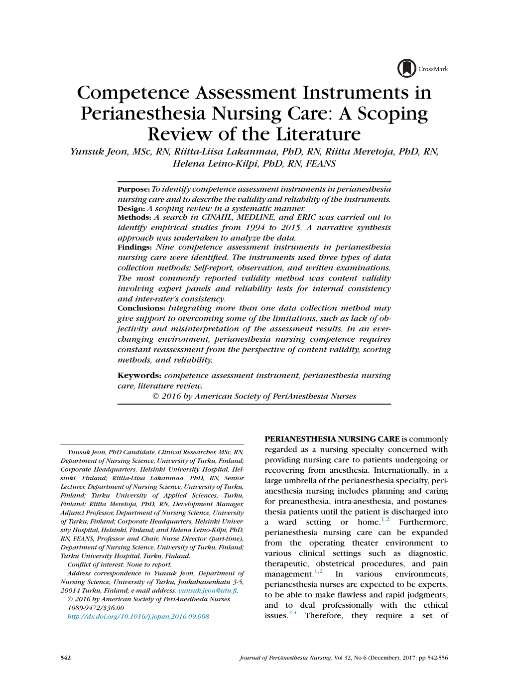 Competence Assessment Instruments in Perianesthesia Nursing Care