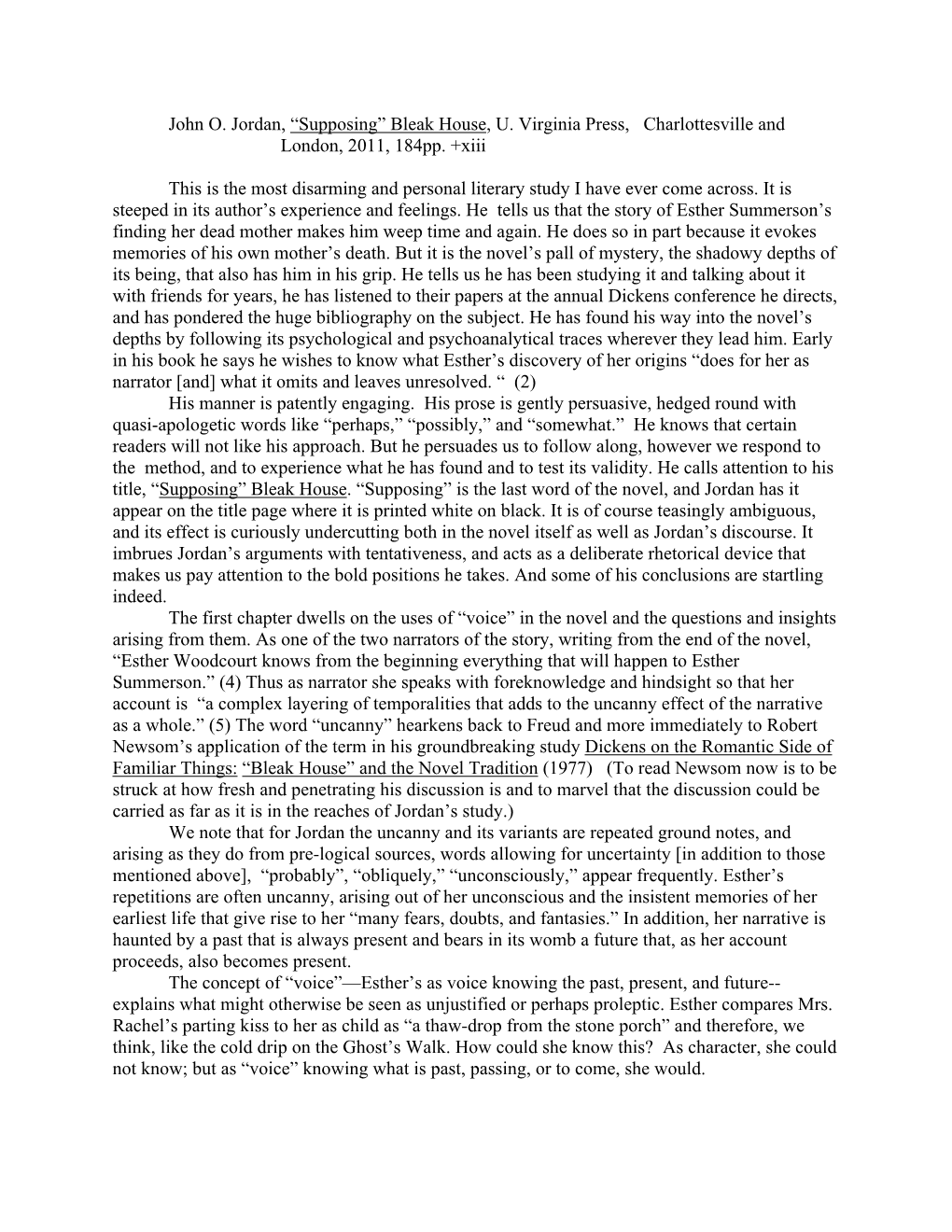 John O. Jordan, “Supposing” Bleak House, U. Virginia Press, Charlottesville and London, 2011, 184Pp