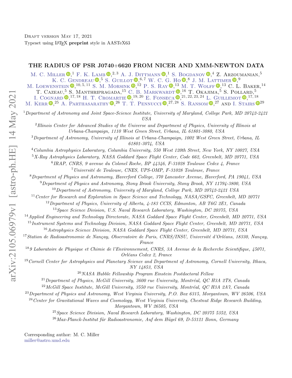 The Radius of PSR J0740+ 6620 from NICER and XMM-Newton Data