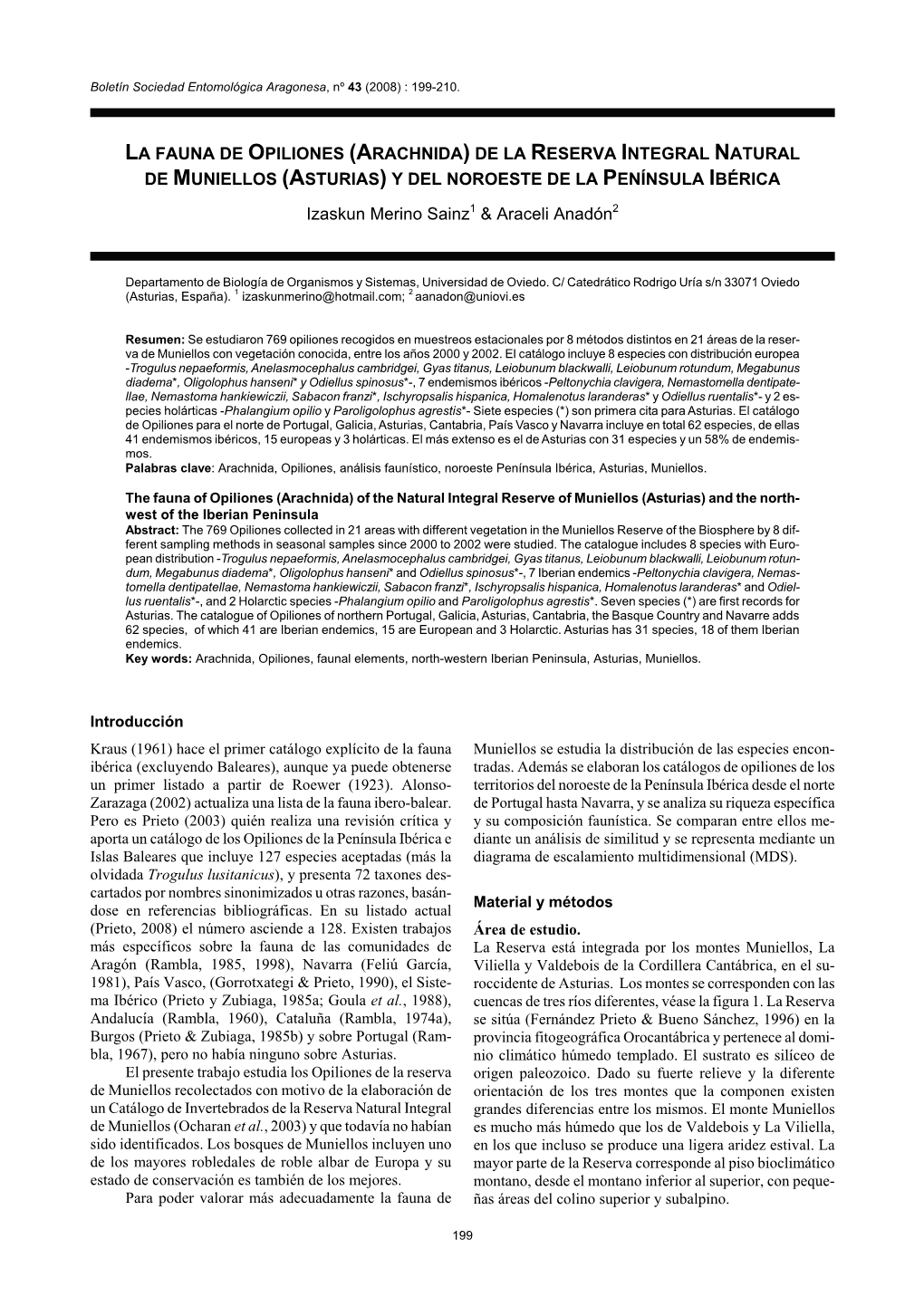 La Fauna De Opiliones (Arachnida) De La Reserva Integral Natural De Muniellos (Asturias) Y Del Noroeste De La Península Ibérica