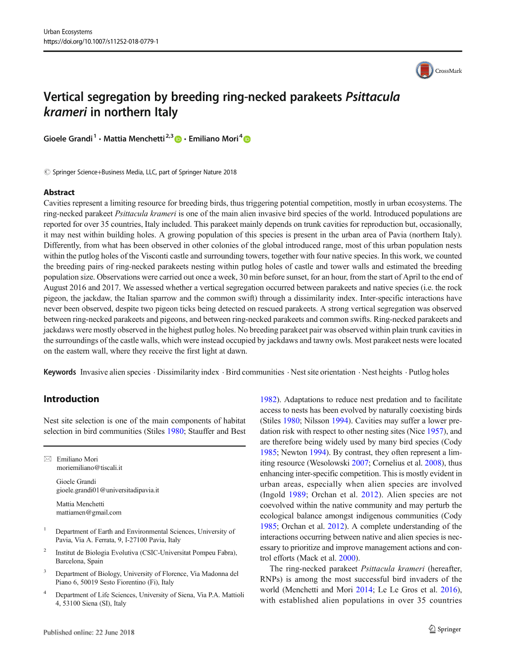 Vertical Segregation by Breeding Ring-Necked Parakeets Psittacula Krameri in Northern Italy