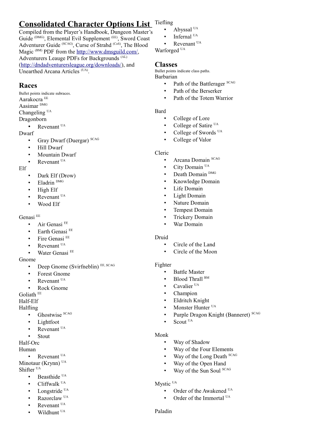 Consolidated Character Options List