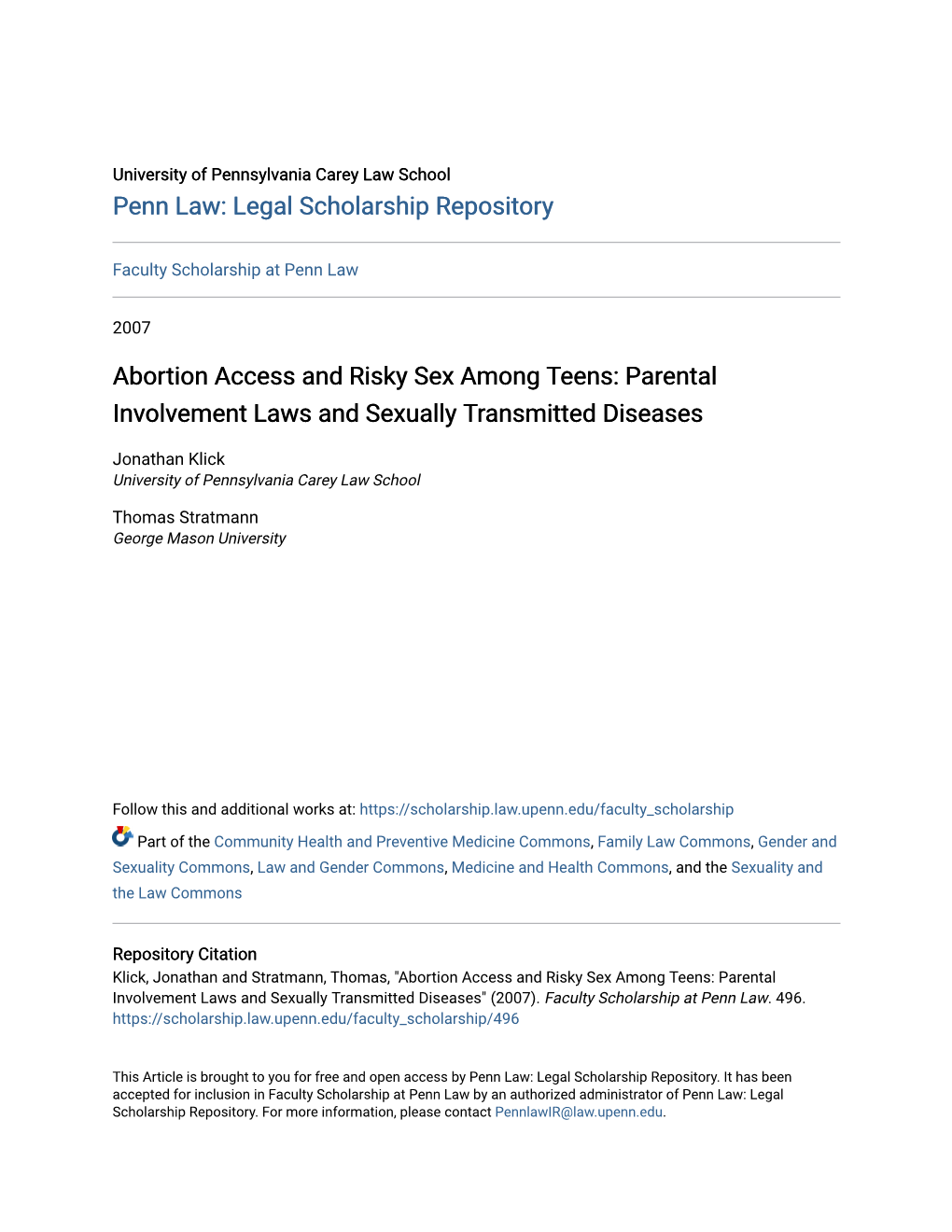 Abortion Access and Risky Sex Among Teens: Parental Involvement Laws and Sexually Transmitted Diseases