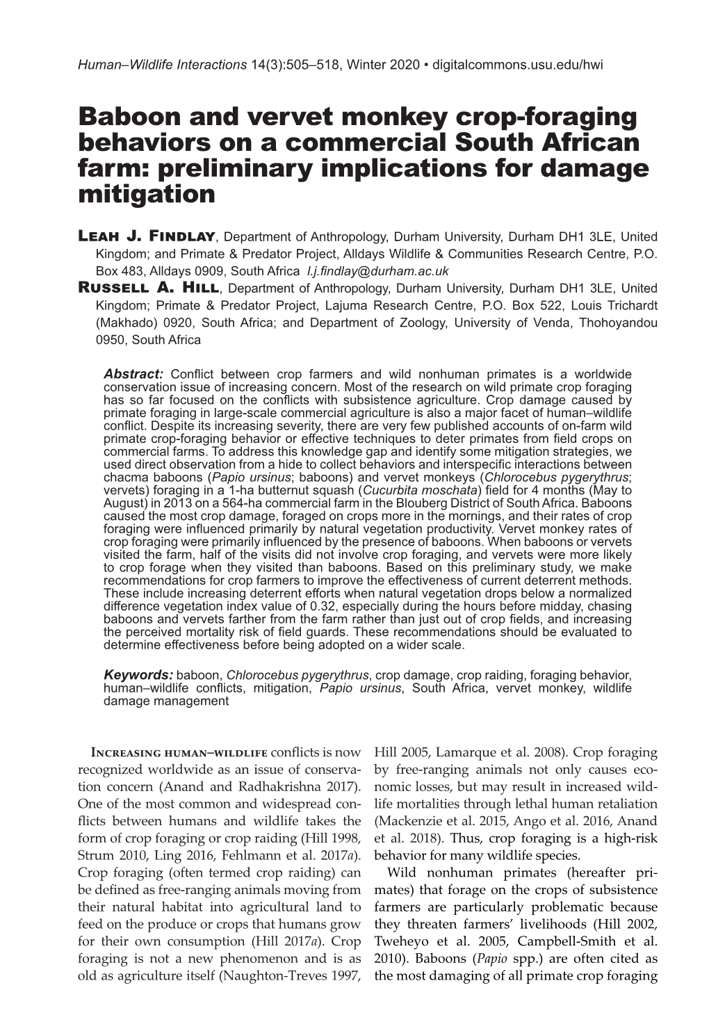 Baboon and Vervet Monkey Crop-Foraging Behaviors on a Commercial South African Farm: Preliminary Implications for Damage Mitigation