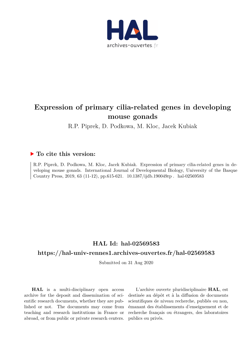 Expression of Primary Cilia-Related Genes in Developing Mouse Gonads R.P