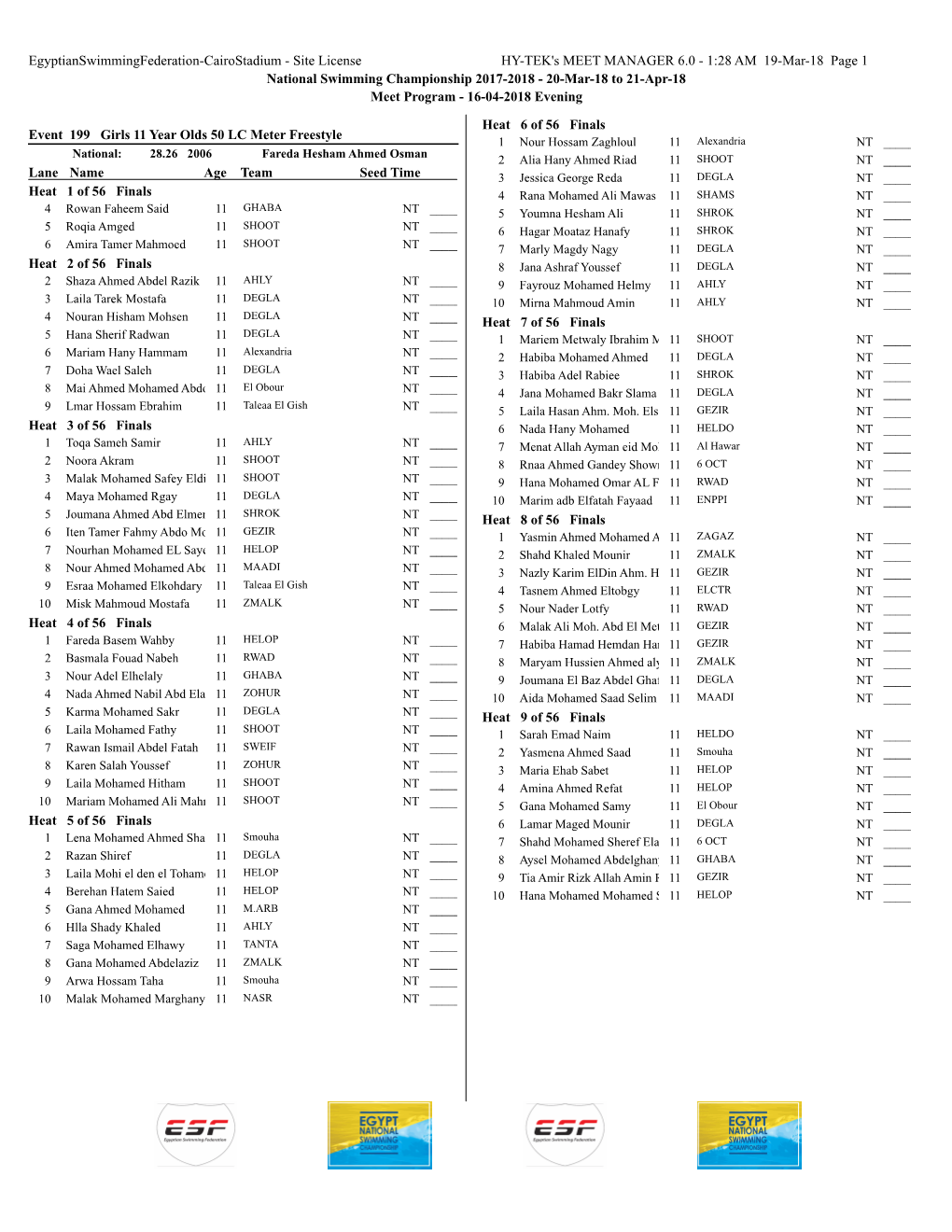 1:28 AM 19-Mar-18 Page 1 National Swimming Championship 2017-2018 - 20-Mar-18 to 21-Apr-18 Meet Program - 16-04-2018 Evening