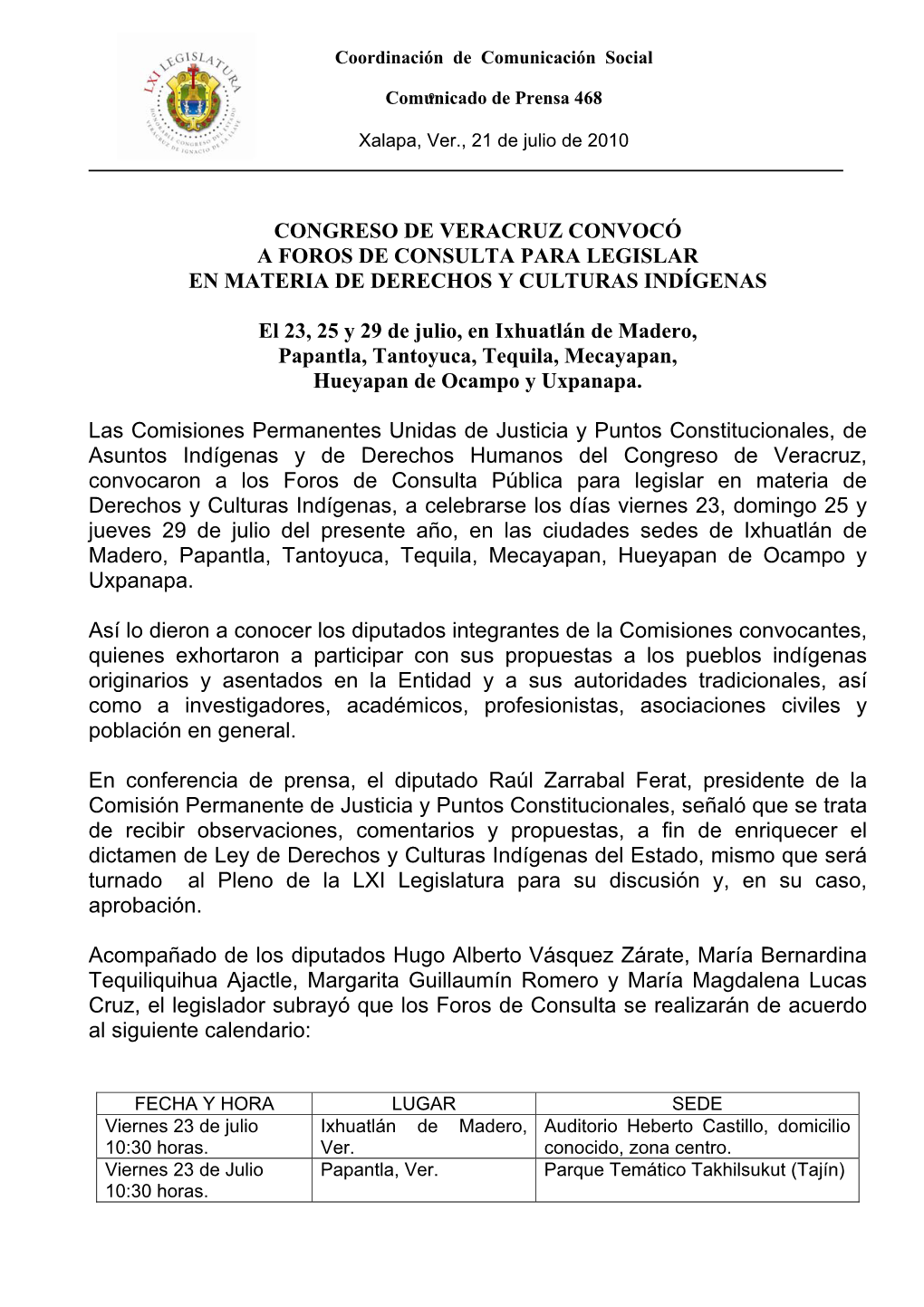 Congreso De Veracruz Convocó a Foros De Consulta Para Legislar En Materia De Derechos Y Culturas Indígenas