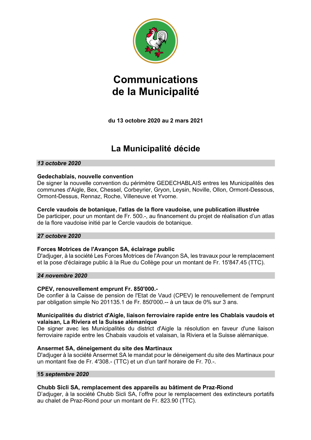 Communications De La Municipalité