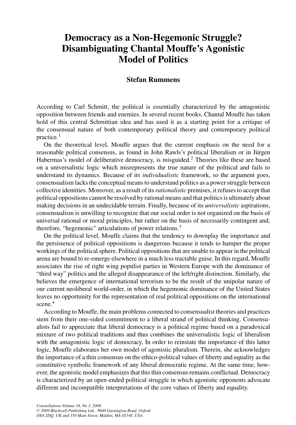 Democracy As a Non-Hegemonic Struggle? Disambiguating Chantal Mouffe’S Agonistic Model of Politics