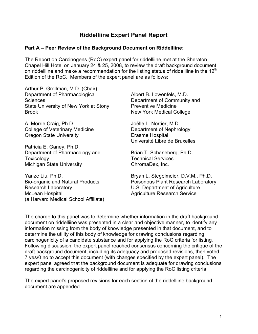 Riddelliine Expert Panel Report Part A; Roc; Jan. 24-25, 2008