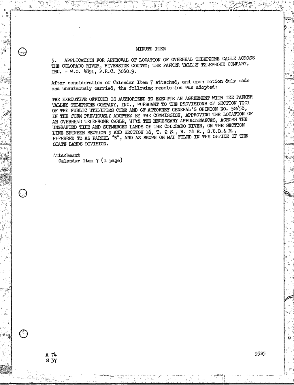 R Approval of Location of Overhead Telephone Cable Across the Colorado River, Riverside County; the Parker Valley Telephone Company, Inc