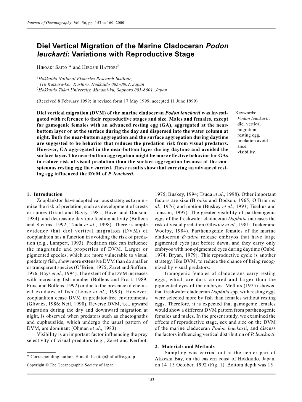 Diel Vertical Migration of the Marine Cladoceran Podon Leuckarti: Variations with Reproductive Stage