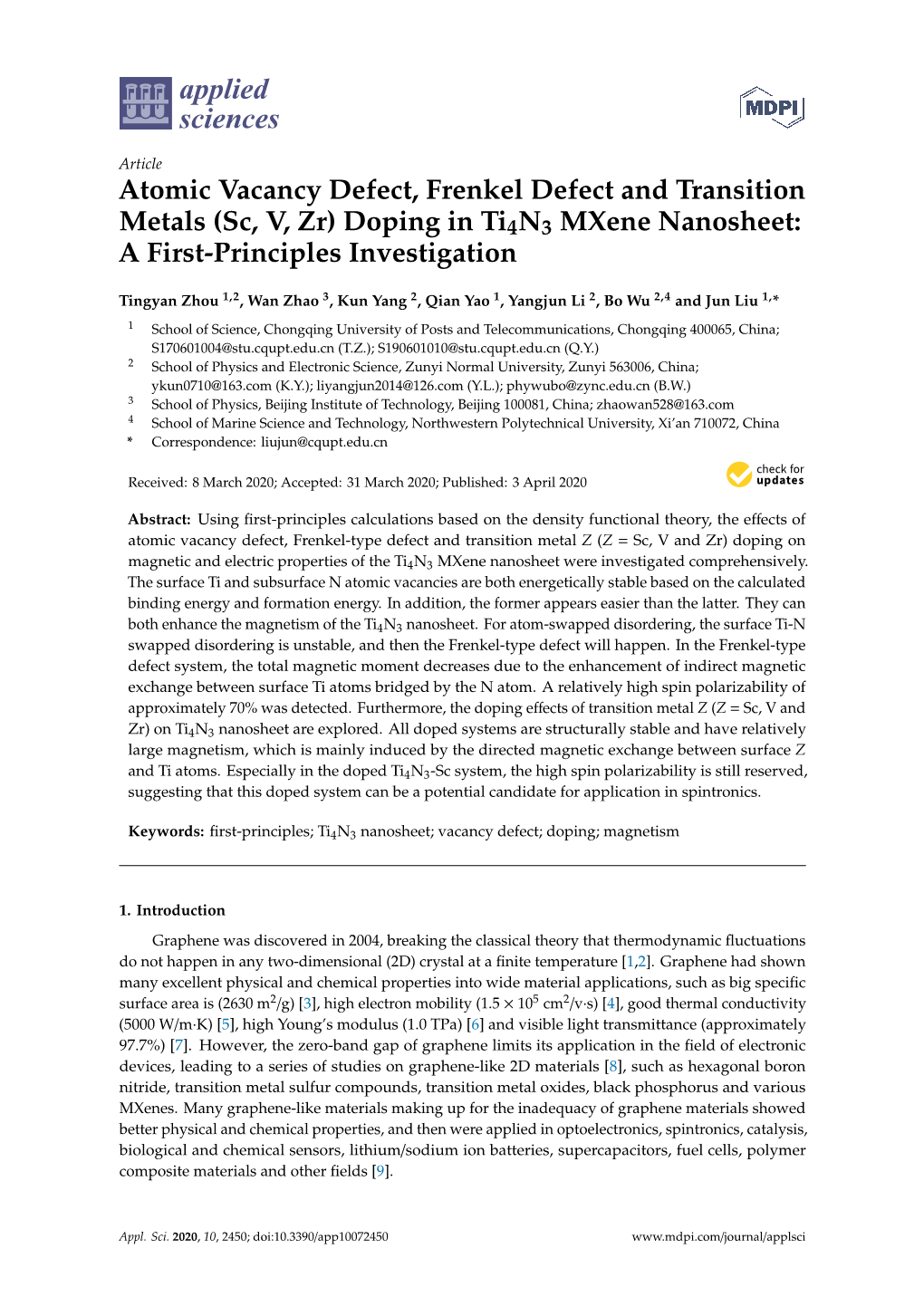 Atomic Vacancy Defect, Frenkel Defect and Transition Metals (Sc, V, Zr) Doping in Ti4n3 Mxene Nanosheet: a First-Principles Investigation