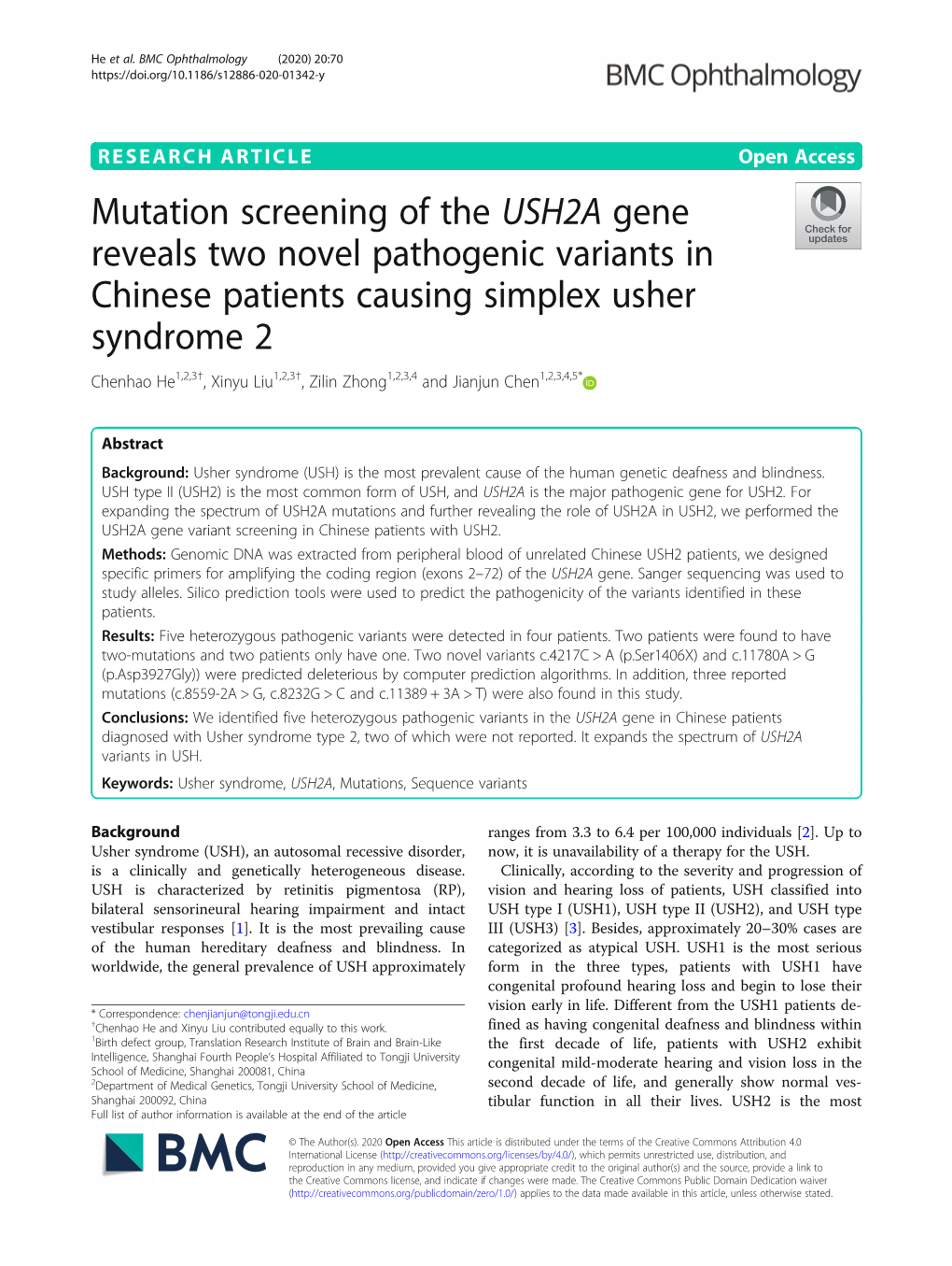 Mutation Screening of the USH2A Gene Reveals Two Novel Pathogenic Variants in Chinese Patients Causing Simplex Usher Syndrome 2