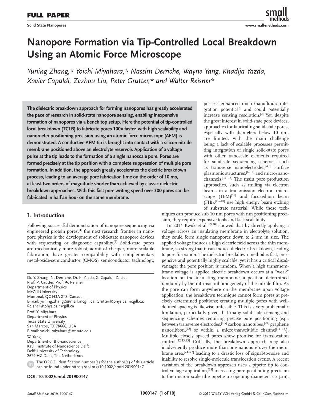 Nanopore Formation Via Tip-Controlled Local Breakdown Using an Atomic Force Microscope