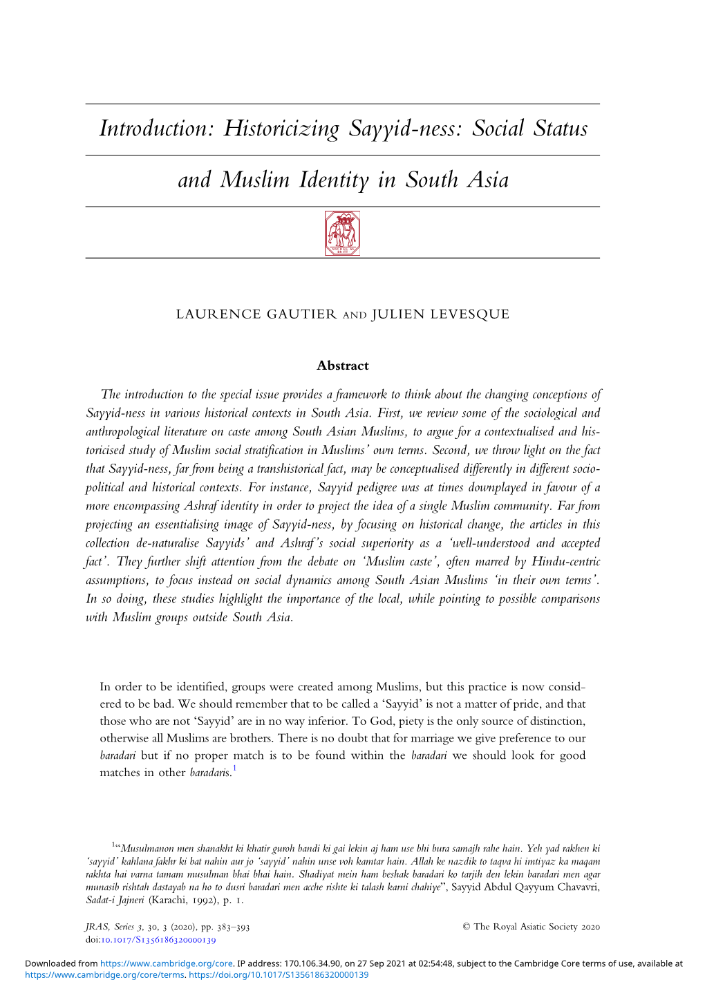 Introduction: Historicizing Sayyid-Ness: Social Status and Muslim Identity in South Asia