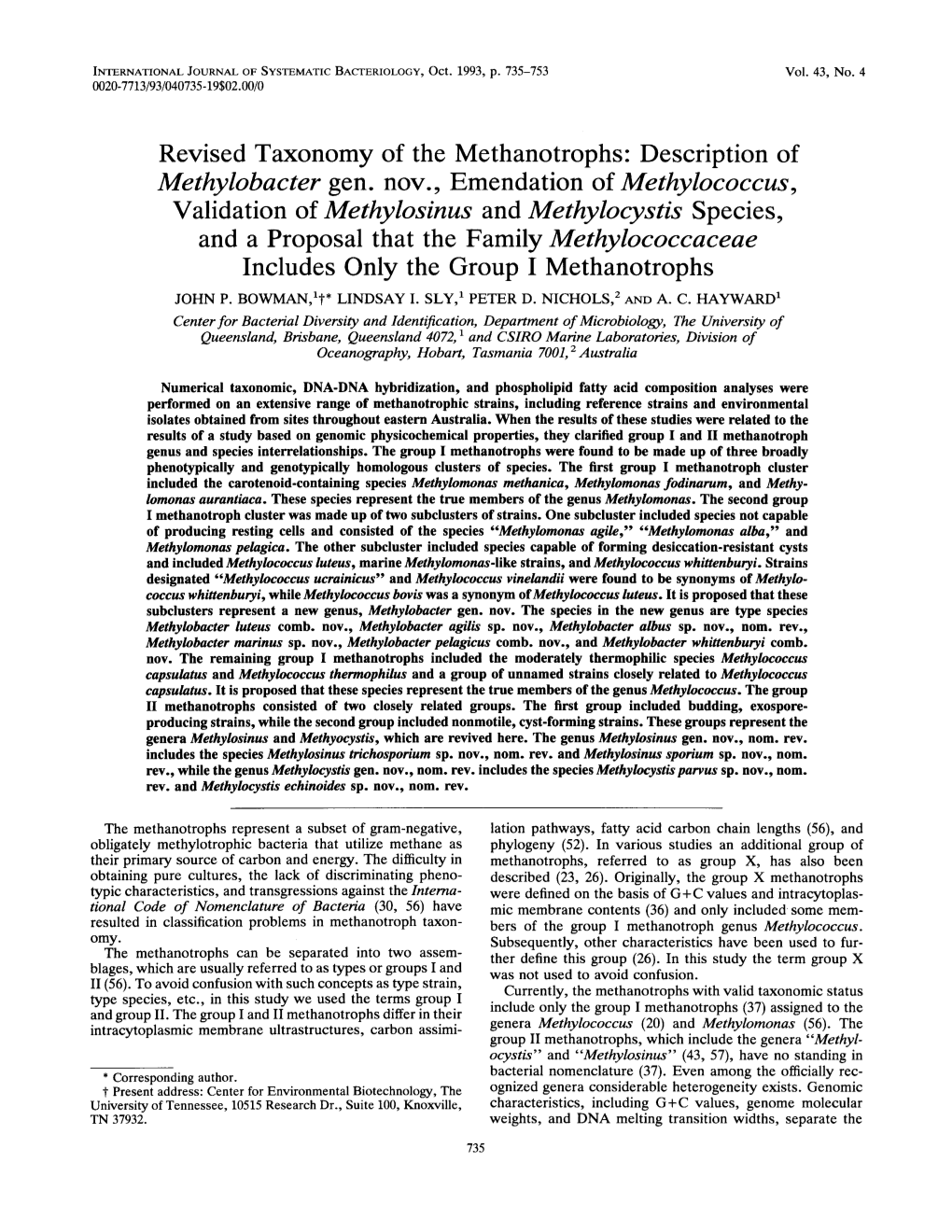 Revised Taxonomy of the Methanotrophs: Description of Methylobacter Gen