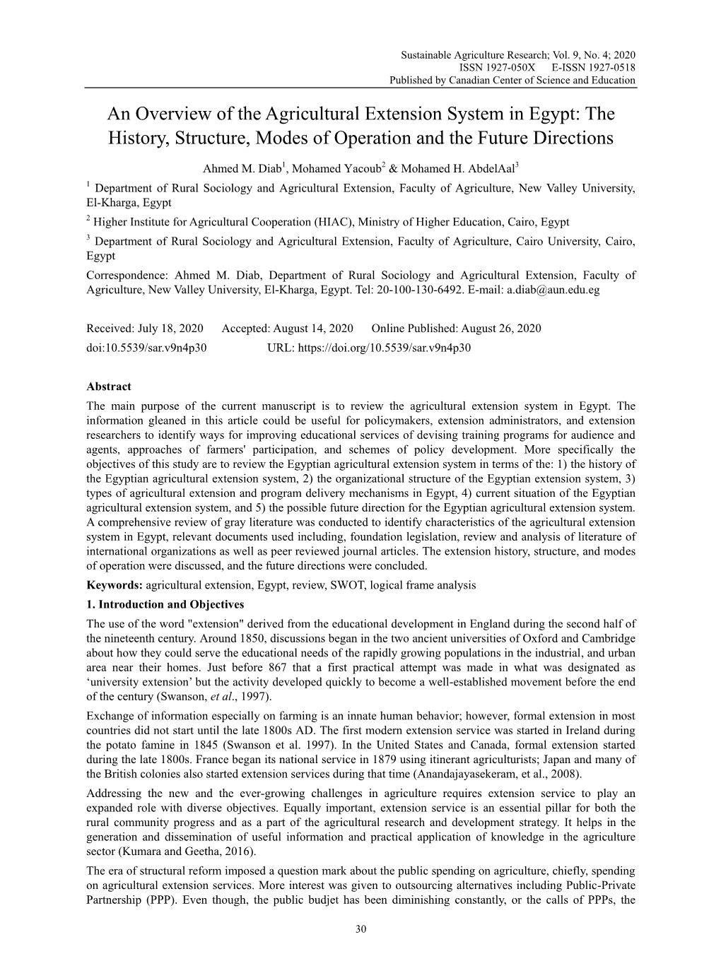 An Overview of the Agricultural Extension System in Egypt: the History, Structure, Modes of Operation and the Future Directions