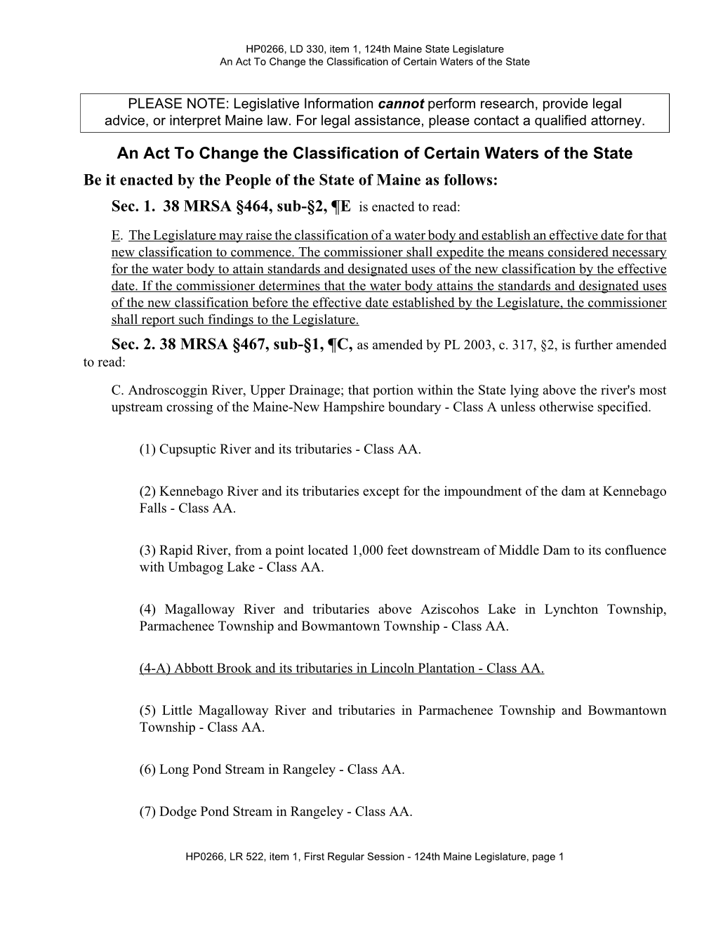 An Act to Change the Classification of Certain Waters of the State