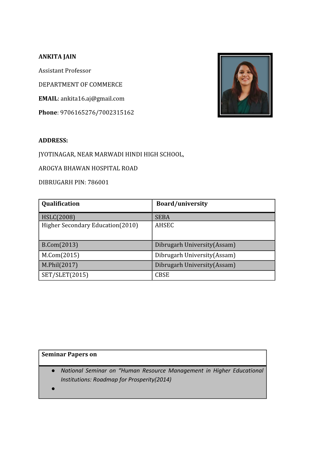 ANKITA JAIN Assistant Professor DEPARTMENT of COMMERCE