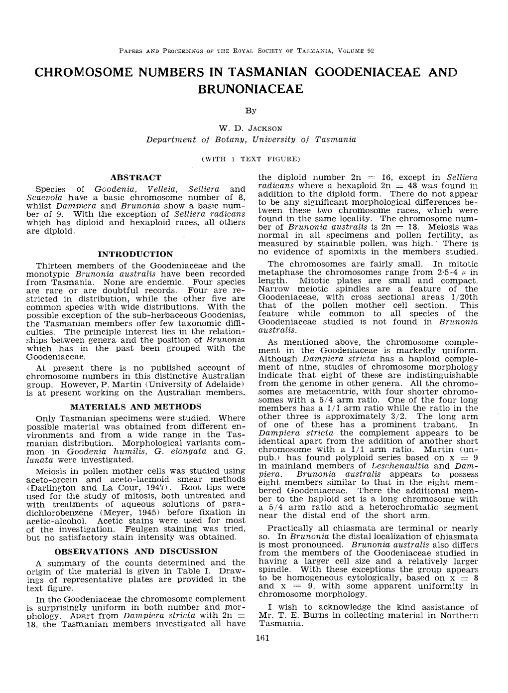 Chromosome Numbers in Tasmanian Goodeniaceae and Brunoniaceae