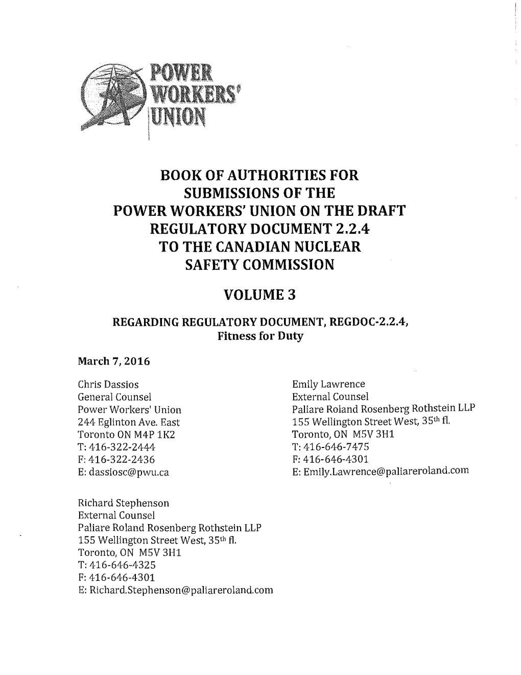 Book of Authorities for Submissions of the Power Workers'union on the Draft Regulatory Document 2.2.4 to the Canadian Nuclear Safety Commission