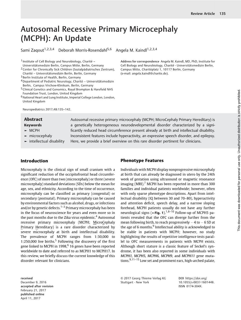 Autosomal Recessive Primary Microcephaly (MCPH): an Update