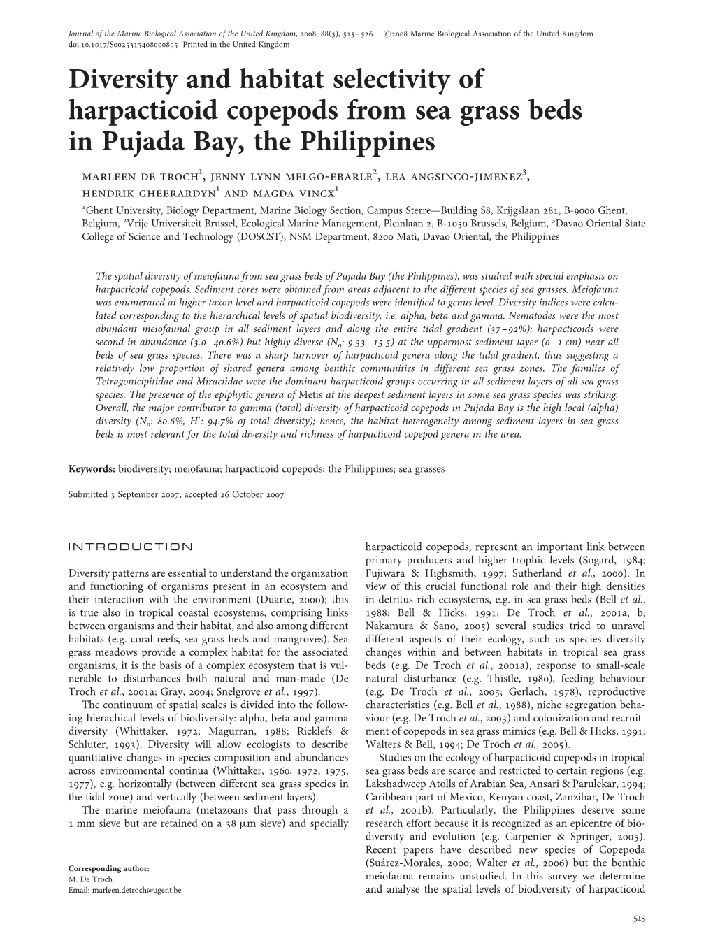 Diversity and Habitat Selectivity of Harpacticoid Copepods from Sea