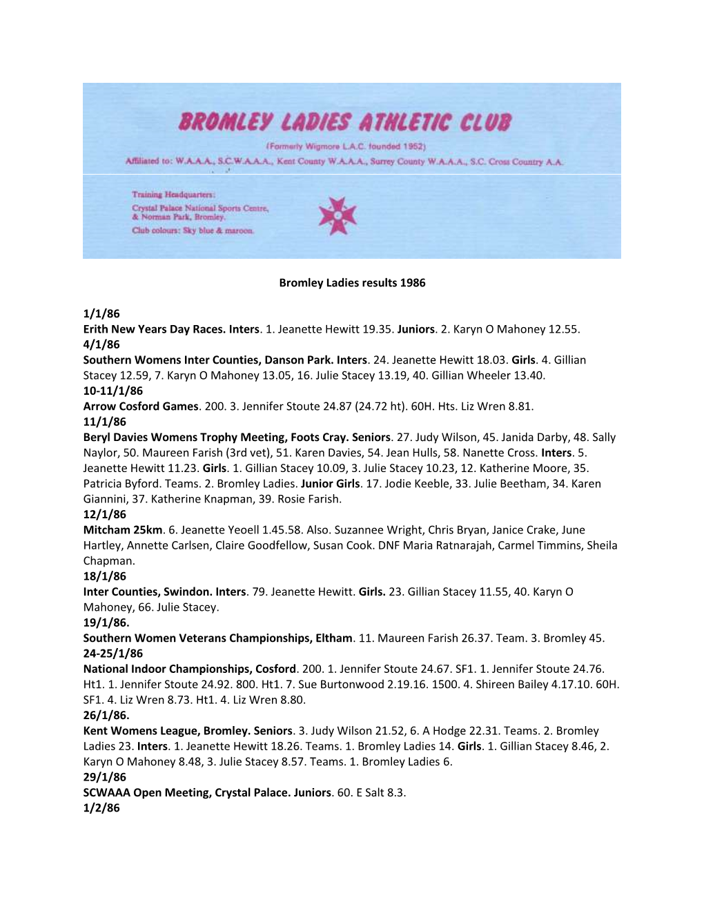 Bromley Ladies Results 1986
