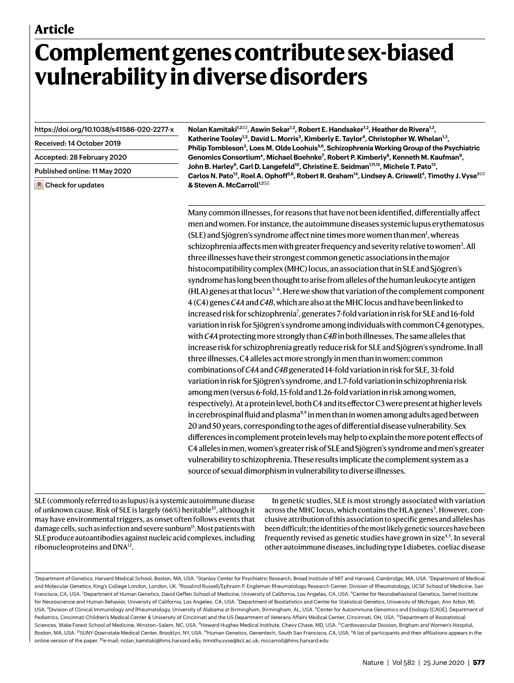 Complement Genes Contribute Sex-Biased Vulnerability in Diverse Disorders