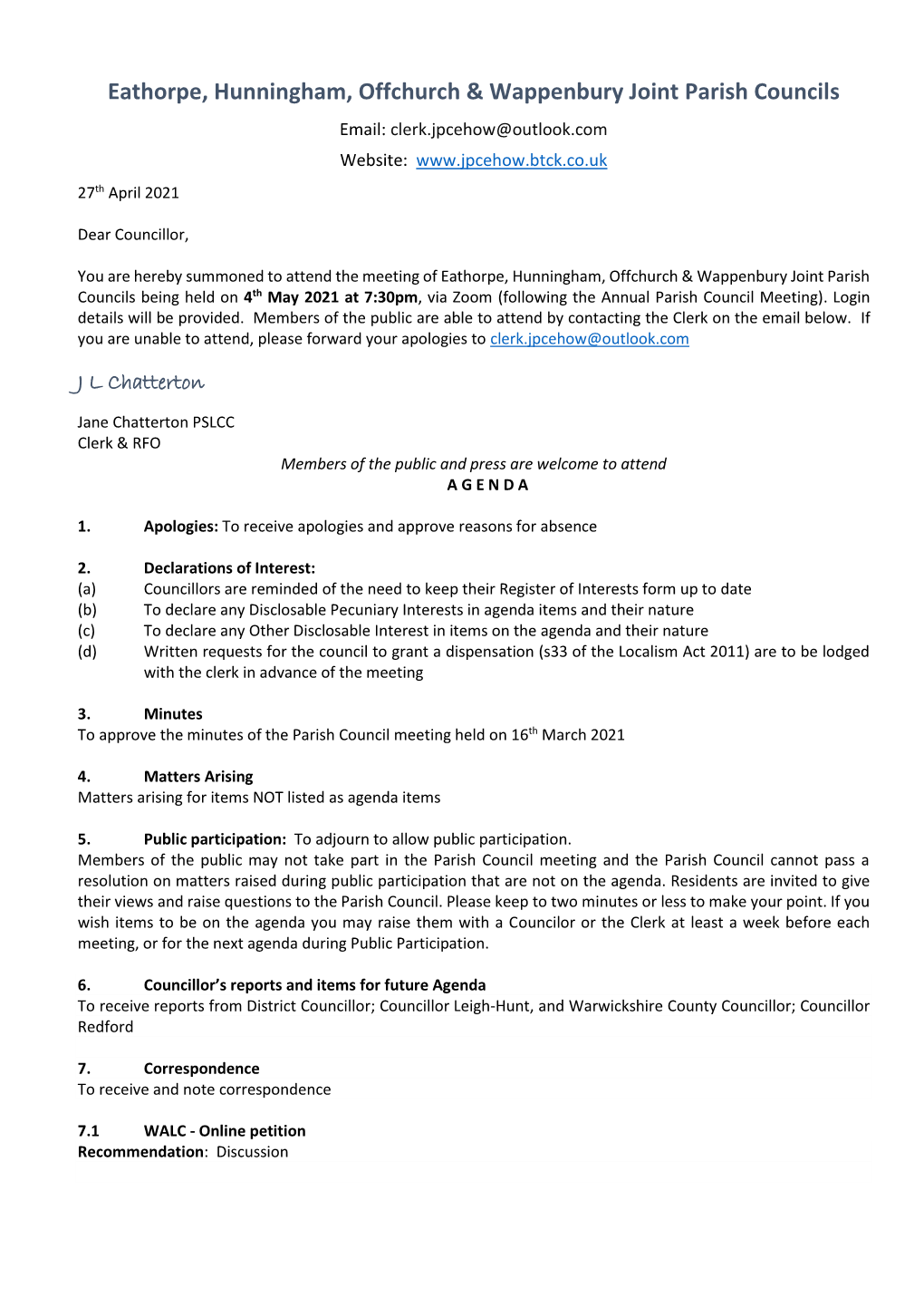 Eathorpe, Hunningham, Offchurch & Wappenbury Joint Parish Councils