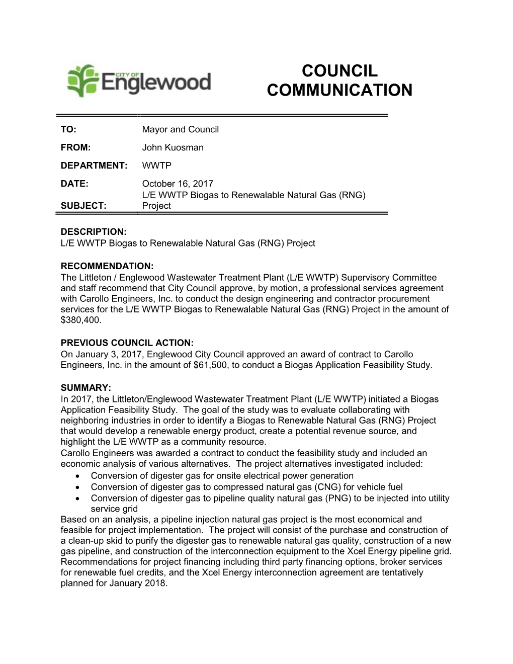 L/E WWTP Biogas to Renewalable Natural Gas (RNG) Project