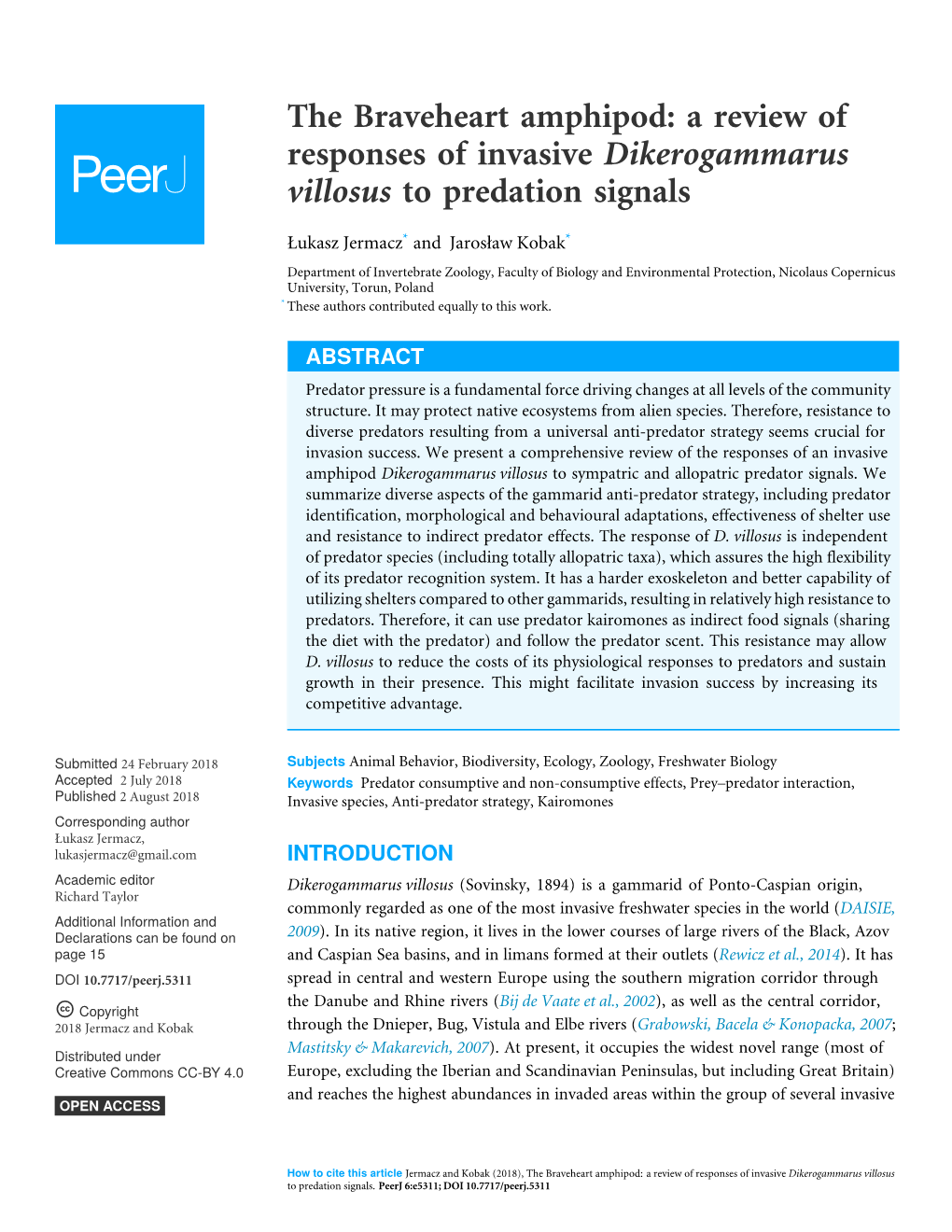 A Review of Responses of Invasive Dikerogammarus Villosus to Predation Signals