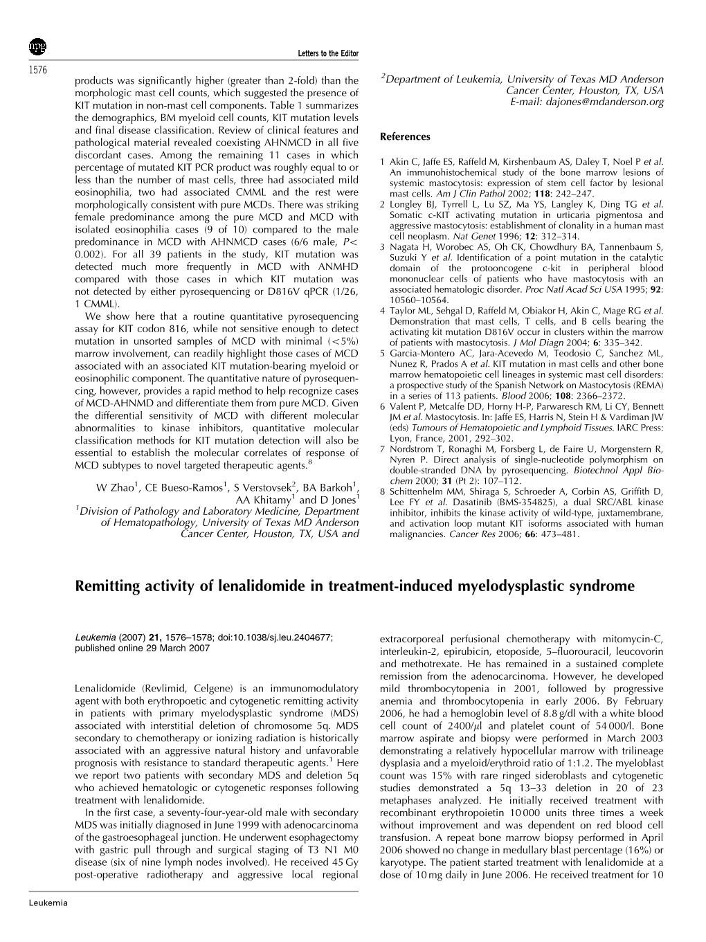 Remitting Activity of Lenalidomide in Treatment-Induced Myelodysplastic Syndrome