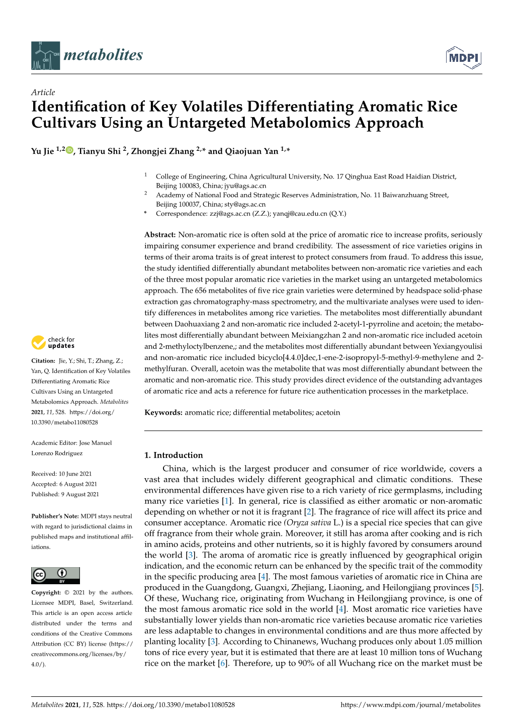 Identification of Key Volatiles Differentiating Aromatic Rice