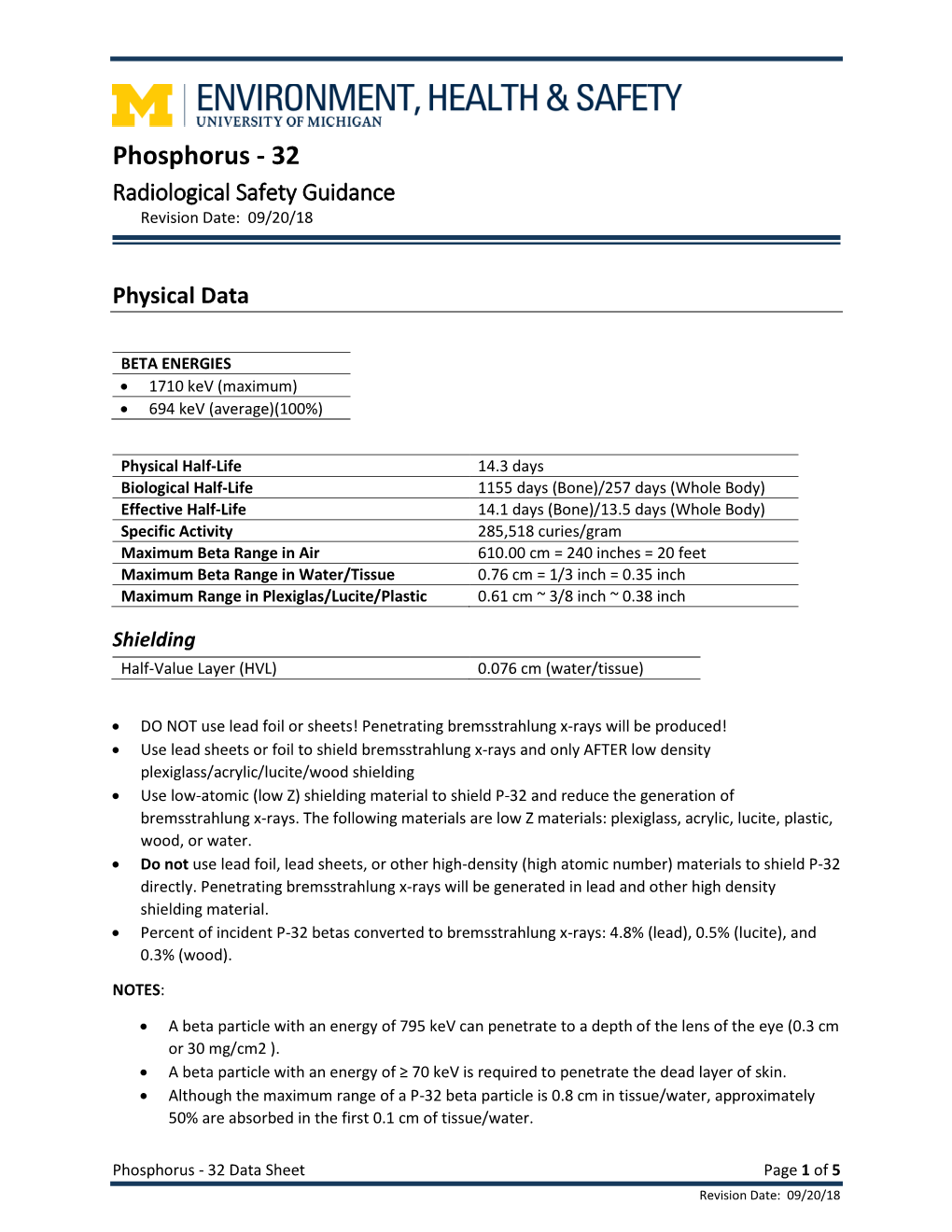 Phosphorus - 32 Radiological Safety Guidance Revision Date: 09/20/18