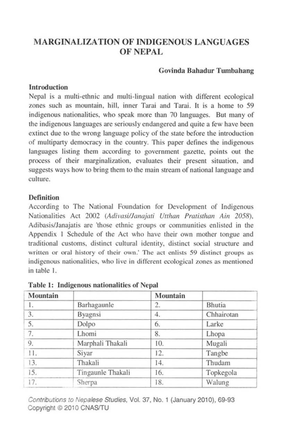 Marginalizatlon of INDIGENOUS LANGUAGES of NEPAL I